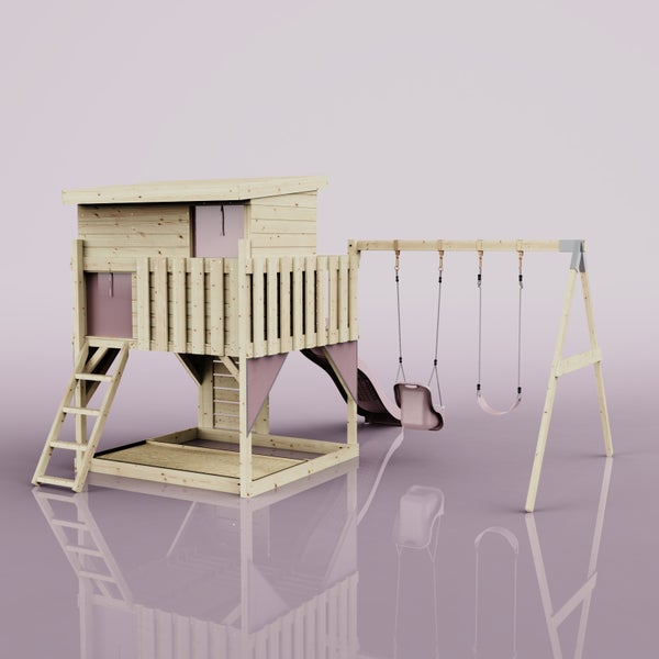 Kinderspielhaus aus Holz mit Pultdach, Leiter, Rutsche, Sandkasten und Schaukelgestell mit zwei Schaukelsitzen.