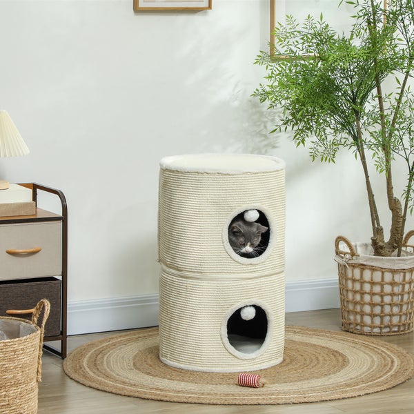 PawHut Kratztonne, 69 cm Hoch, Teilbare Katzentonne, Katzenturm mit 2 Höhle, Spielball, Katzenturm, Kratzbaum für Katzen bis 5 kg, Cremeweiß