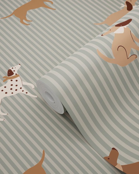 Tapetenrolle mit Hunde-Motiv auf gestreiftem Hintergrund