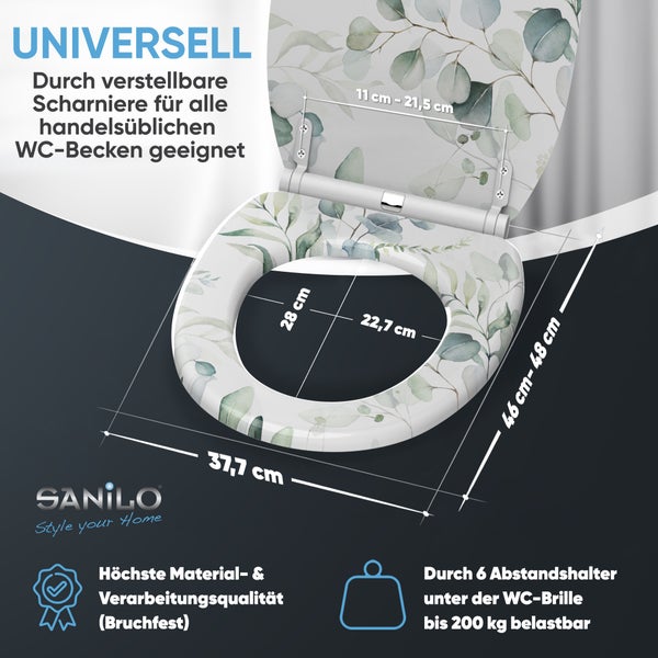 WC-Sitz mit Eukalyptus-Muster, verstellbare Scharniere, Maße 37,7 mal 46 bis 48 Zentimeter, belastbar bis 200 Kilogramm, bruchfest. Sanilo Logo.