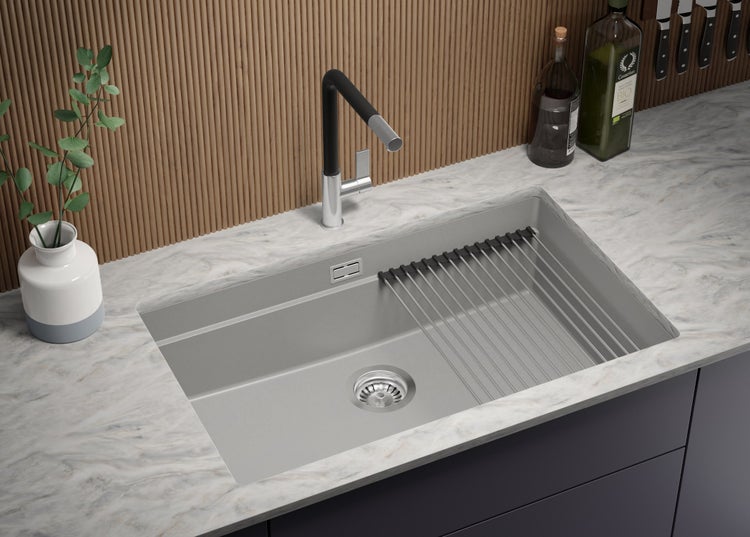 PRIMAGRAN Unterbauspüle Granit Grau 76x47cm, Spülbecken 1 Becken + Ablauf-Set + Aufrollbare Abtropffläche, Granitspüle ab 80er Unterschrank - Praga