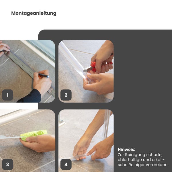Montageanleitung für Duschdichtung: Messen, Zuschneiden, Reinigen und Anbringen des transparenten Profils an der Duschkabine.