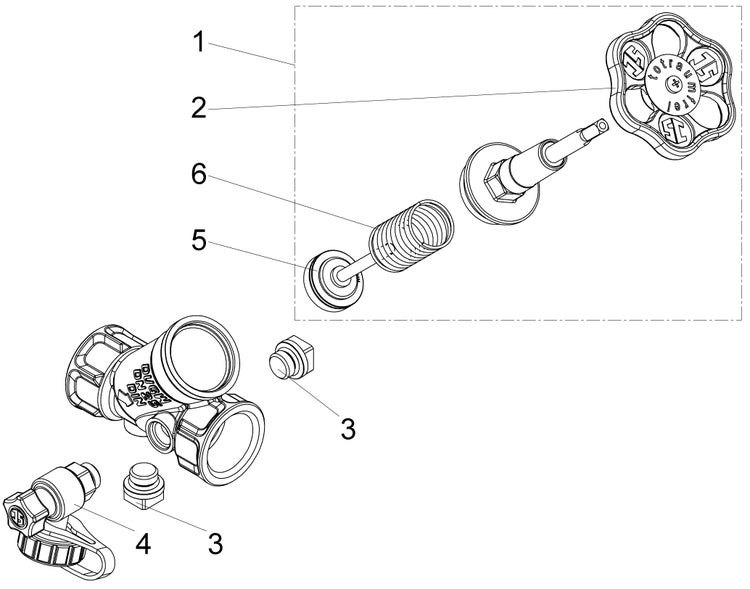Explosionszeichnung eines Freistromventils mit Handrad, Feder und Dichtungen.
