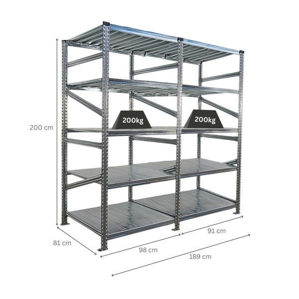 Metallregal mit vier Ebenen und Maßangaben