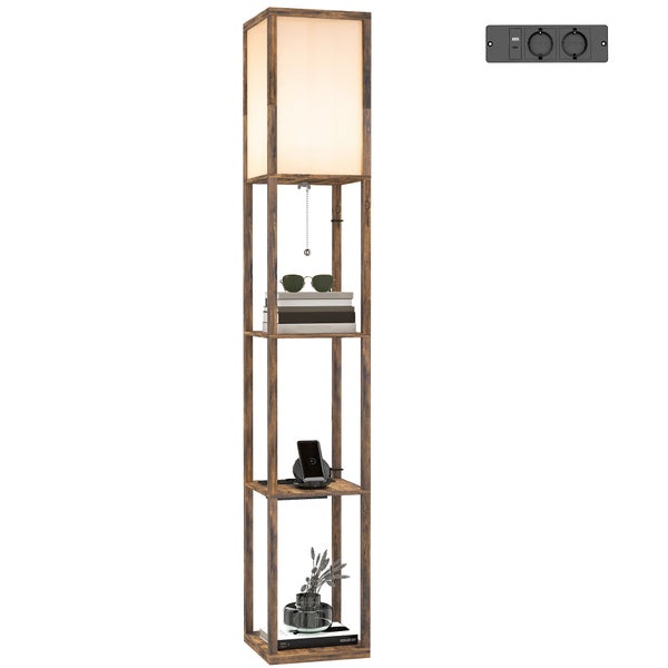 Standregalleuchte in Holzoptik mit vier Ebenen, integrierter Steckdose, USB-Anschluss und Zugschalter.