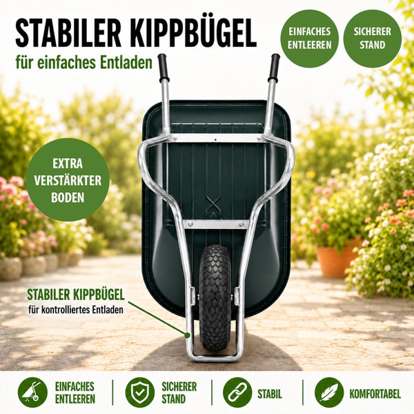 Schubkarre mit verstärktem Boden und Kippbügel im hellen Garten. Merkmale: einfaches Entleeren, sicherer Stand, stabil, komfortabel.
