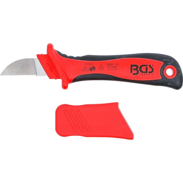Abisoliermesser mit Isolierung bis 1000 Volt, gebogener Klinge, ergonomischem Griff und Schutzkappe von BGS technic.