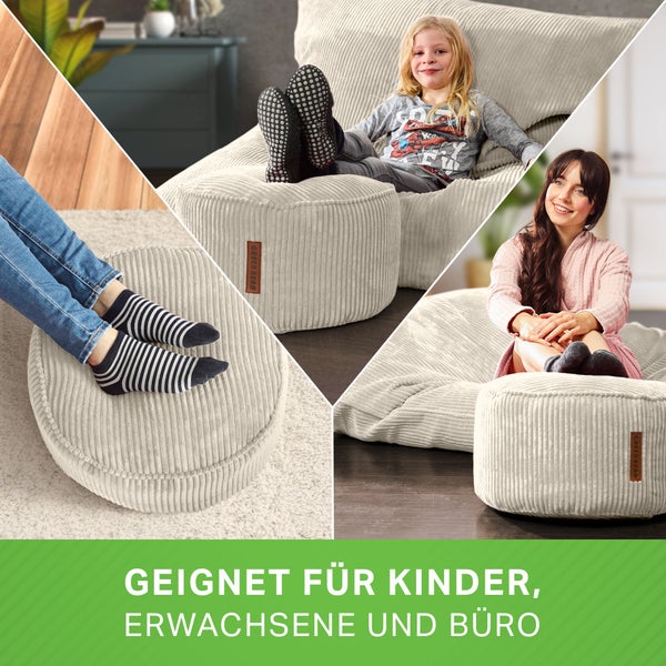Collage: Personen nutzen einen Cord Sitzsack und einen Hocker von Green Bean