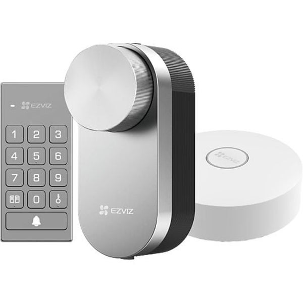 EZVIZ Smart Lock Set bestehend aus Türschloss mit Drehknauf, Tastatur mit Ziffernfeld und Gateway.