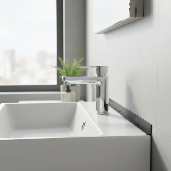 Ein moderner Einhebelmischer für das Waschbecken aus glänzendem Metall in einem Badezimmer mit Keramikwaschbecken und Fenster.