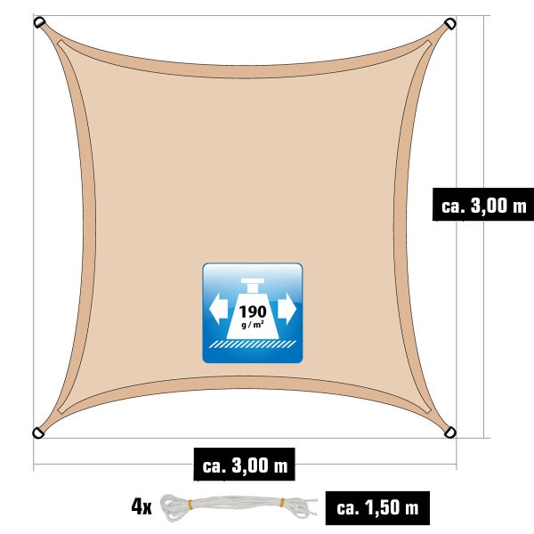 Quadratisches Sonnensegel sandfarben, 3 mal 3 Meter, 190 Gramm pro Quadratmeter, inklusive 4 Seilen von circa 1,50 Meter Länge.