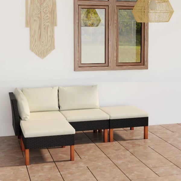 4-tlg. Garten-Lounge-Set mit Kissen Poly Rattan Schwarz