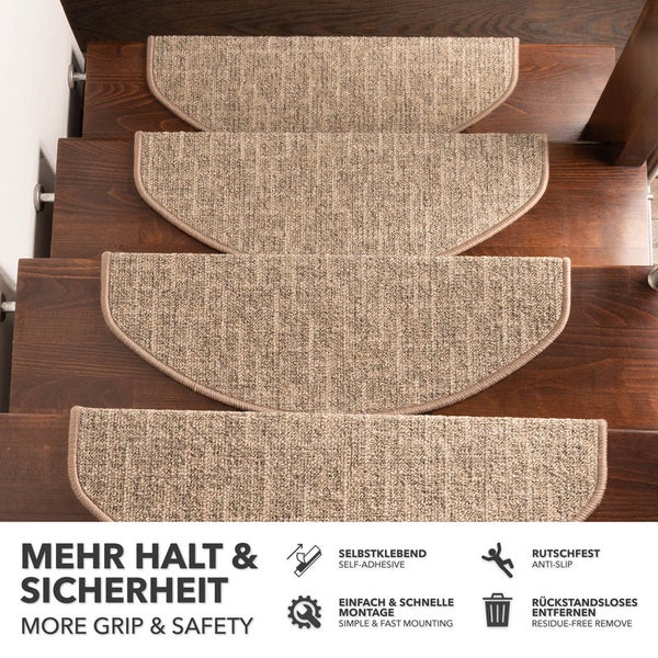 FLOORDIREKT Stufenmatte Alto - Selbstklebend - Beige - Halbrund - 23,5 x 65 cm