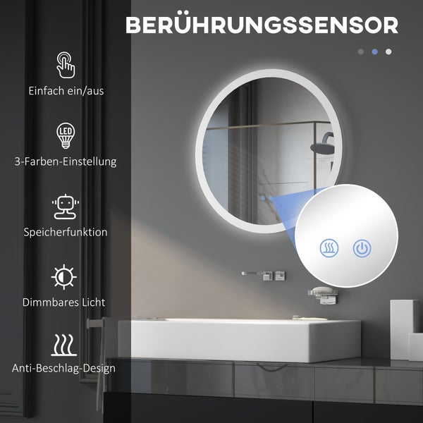 kleankin Badspiegel mit Beleuchtung, Wandspiegel mit 3 Lichtfarben, IP44 Lichtspiegel mit Touch-Schalter, Memory-Funktion, Badezimmerspiegel mit Anti-Beschlag, Ø60 x 3 cm