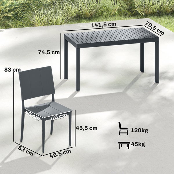 Anthrazitfarbenes Gartenset mit Maßen. Tisch: 141,5 mal 70,5 mal 74,5 Zentimeter. Stuhl: Sitzhöhe 45,5 Zentimeter, belastbar bis 120 Kilogramm.