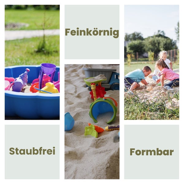 Collage mit Spielsand, der sich durch Feinkörnigkeit, Formbarkeit und Staubfreiheit auszeichnet
