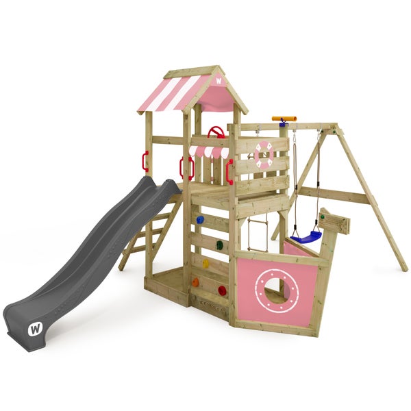 WICKEY Spielturm Klettergerüst SeaFlyer mit Schaukel und Rutsche, Baumhaus mit Sandkasten, Kletterleiter und Spiel-Zubehör – pastellpink