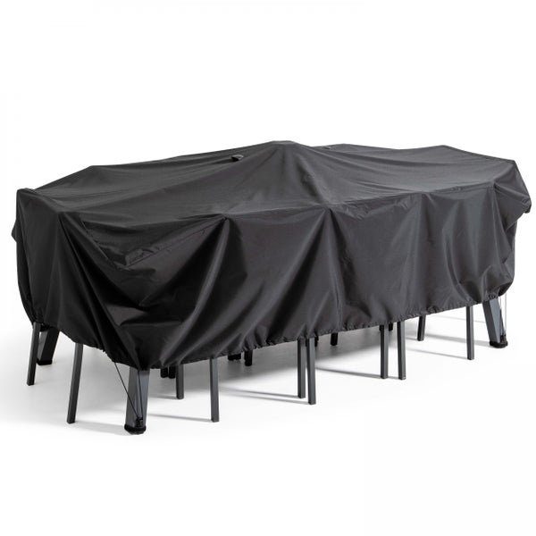 Schwarze Schutzhülle für Gartenmöbel-Sets, geeignet für einen Tisch und mehrere Stühle.