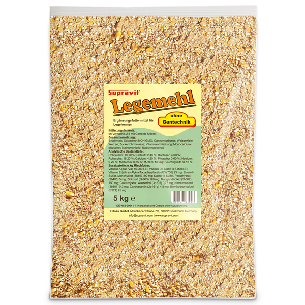 Supravit LegeMehl Ergänzungsfuttermittel für Legehennen in einer 5 kg Verpackung ohne Gentechnik.