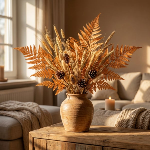 Herbstliches Trockenblumenarrangement aus Farn, Ähren und Kiefernzapfen in einer Steingutvase auf einem Holztisch in einem Wohnzimmer.