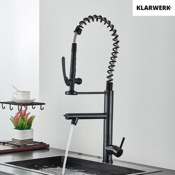 Ben | Gastronomie Schwarz matt Küchenarmatur| Zwei Brausen | Edelstahl Professional Wasserhahn Küche| Doppelspülbecken Restaurant