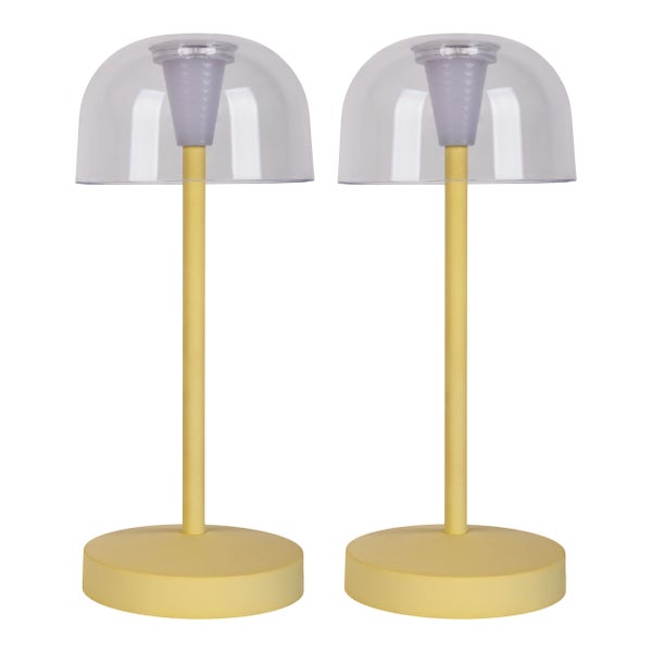 Zwei Tischleuchten mit transparentem Schirm und rundem Fuß