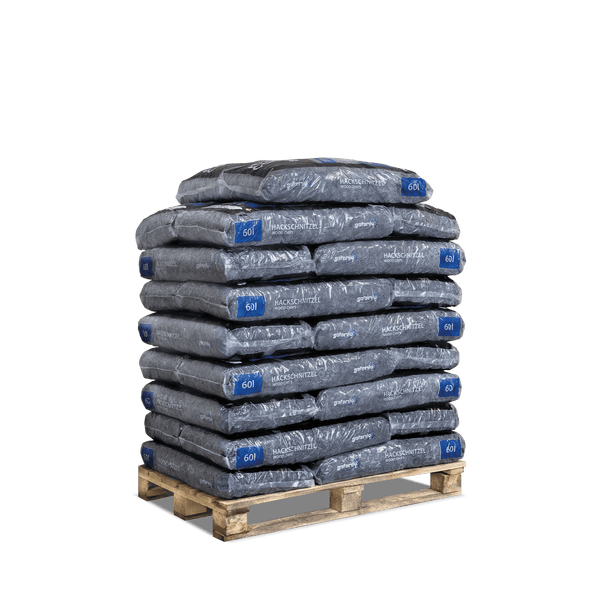 Galamio Hackschnitzel auf Holzpalette, Säcke mit je 60 Liter Inhalt