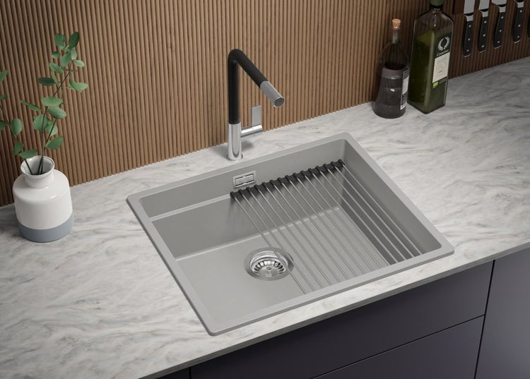PRIMAGRAN Spülbecken Grau 56x47cm, Granitspüle 1 Becken + Ablauf-Set + Aufrollbare Abtropffläche, Küchenspüle ab 60er Unterschrank - Praga Slim
