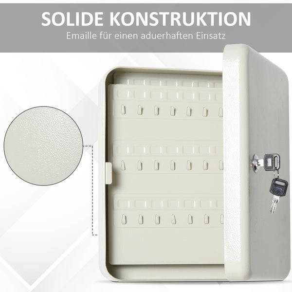 HOMCOM Schlüsselschrank Schlüsselkasten mit 93 Haken, Abschließbare Schlüsselbox aus Stahl, inkl. Befestigung, Cremeweiß, 30 x 24 x 7,5 cm