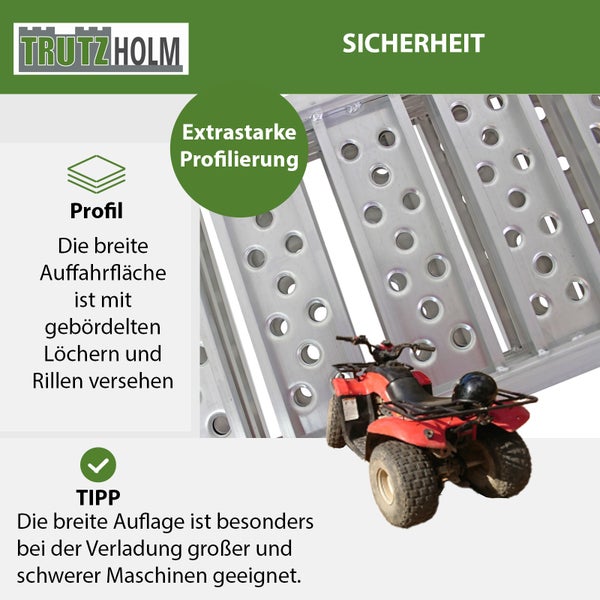 Trutzholm Logo. Aluminium Auffahrrampe mit extra starker Profilierung, gebördelten Löchern und Rillen für sicheres Verladen schwerer Maschinen.