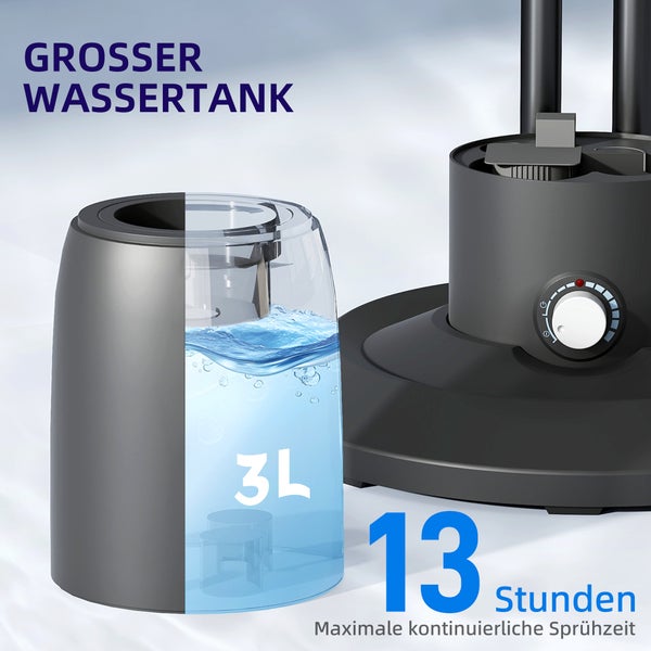 Luftbefeuchter mit einem 3 Liter Wassertank für bis zu 13 Stunden kontinuierliche Sprühzeit.