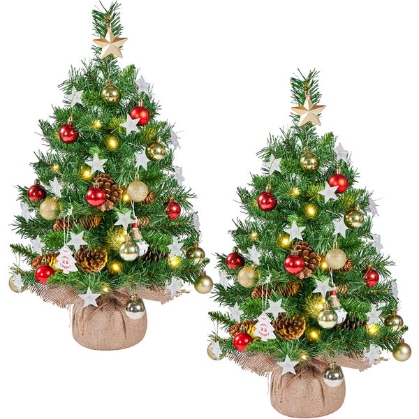 Zwei dekorierte Weihnachtsbäume mit Sternspitze und Jutesackbasis.