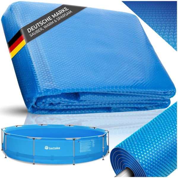 Solarfolie für Schwimmbecken mit Noppenstruktur zur Erwärmung des Wassers und zum Schutz vor Schmutz, Deutsche Marke und tectake Logo.