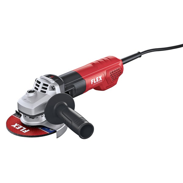 Winkelschleifer FLEX L 13-10 125-EC mit bürstenlosem Motor, Zusatzhandgriff und Trennscheibe für präzise Schleif- und Trennarbeiten.