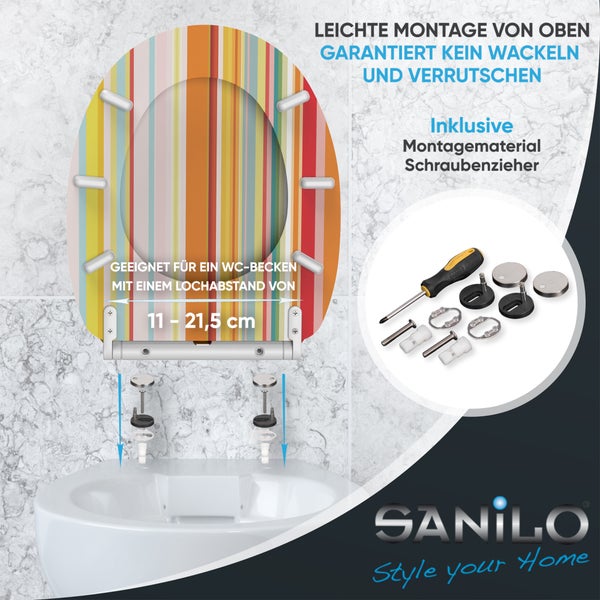 Sanilo WC-Sitz, bunte Streifen, wackelfreie Top-Montage, inklusive Material und Schraubenzieher, Lochabstand 11 bis 21,5 Zentimeter, Sanilo Logo.