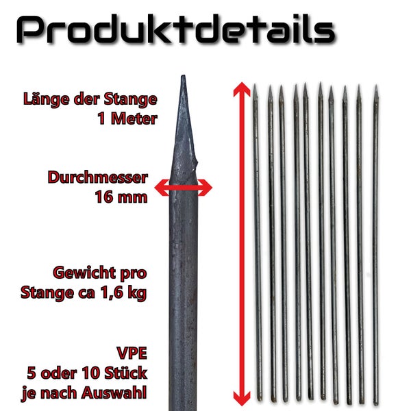 Schmiede Erdnagel UVEN als Schnureisen Schnurnagel Schnurpfahl Schnurstange 1000 mm als Set / 16 mm / 10 Stück