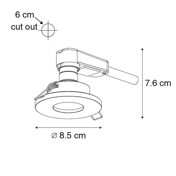 Technische Zeichnung eines Einbaustrahlers mit Maßen: Durchmesser 8,5 Zentimeter, Höhe 7,6 Zentimeter und Lochausschnitt 6 Zentimeter.