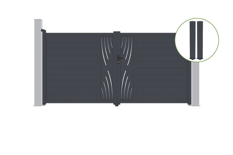 Flügeltor 3,5 m VELETA H.180 cm graues Aluminium + 2 Pfosten 20 x 20 cm H. 190 c