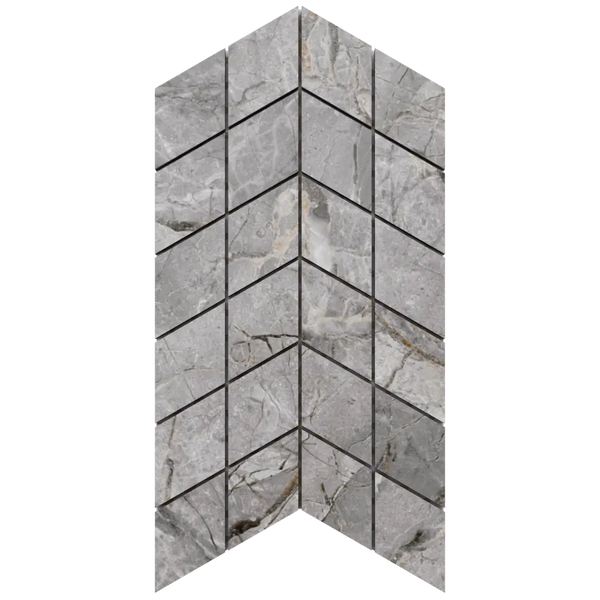 Mosaikfliese in Marmoroptik mit Chevron Muster in Grau.