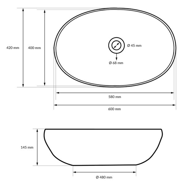 ECD Germany Design Waschbecken Waschtisch 600 x 420 x 145 mm inkl. Ablaufgarnitur für Waschbecken ohne Überlauf - Keramik Weiß Aufsatzbecken Aufsatzwaschbecken Waschschale Aufsatzwaschtisch Spülbecken