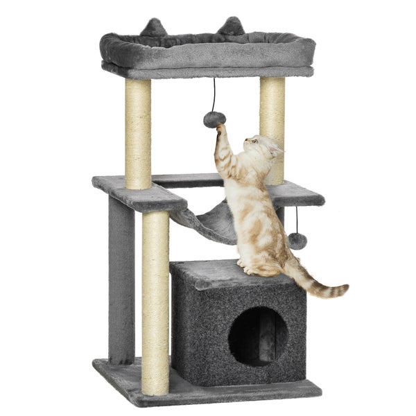 PawHut Katzenbaum 90 cm Kratzbaum mit Hängematte Spielbaum Katzenhöhle Plattformen Kletterbaum Katzenkratzbaum Aktivitätskratzbäum Plüsch Sisal Grau
