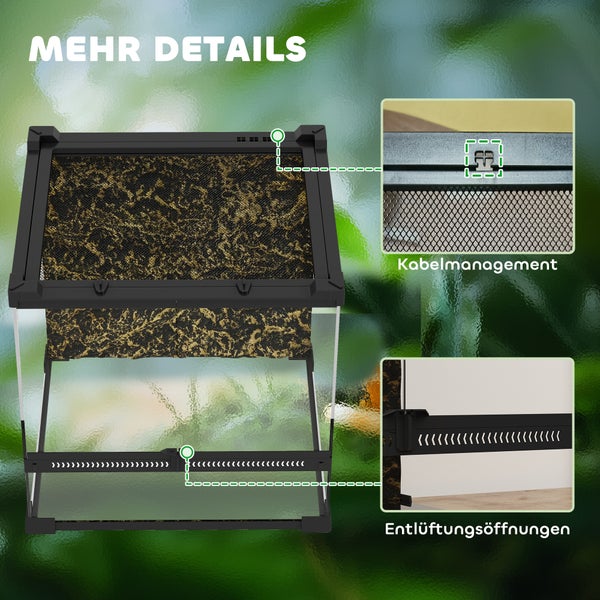 Terrarium mit schwarzem Rahmen, Gitterdeckel, Kabelmanagement und Entlüftungsöffnungen im Detail.