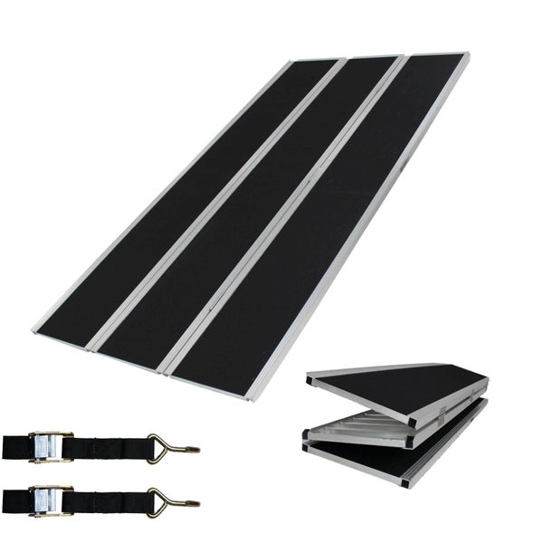 Dreiteilige, klappbare Rollstuhlrampe aus Aluminium mit zwei Spanngurten zur Ladungssicherung