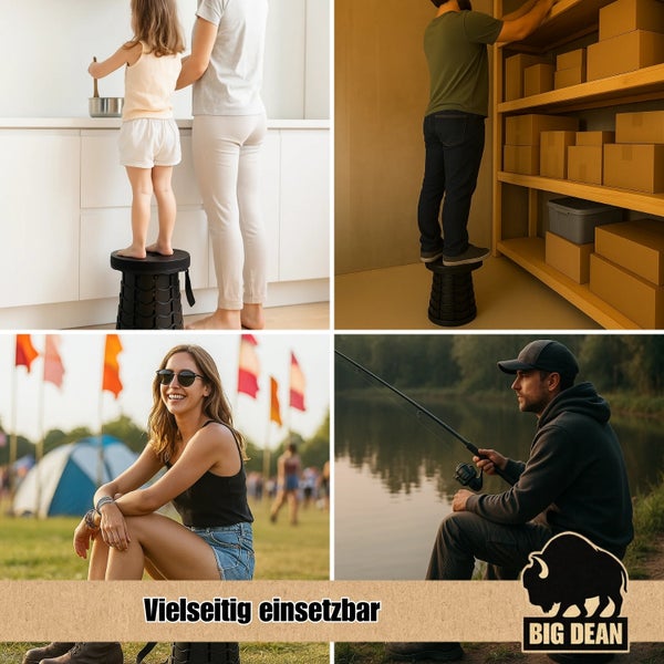 Vielseitig einsetzbarer Teleskophocker in verschiedenen Alltagssituationen