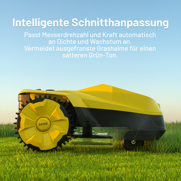 Gelber Mähroboter M200 auf Rasen mit Erläuterung zur intelligenten Schnittanpassung für optimale Rasenpflege.