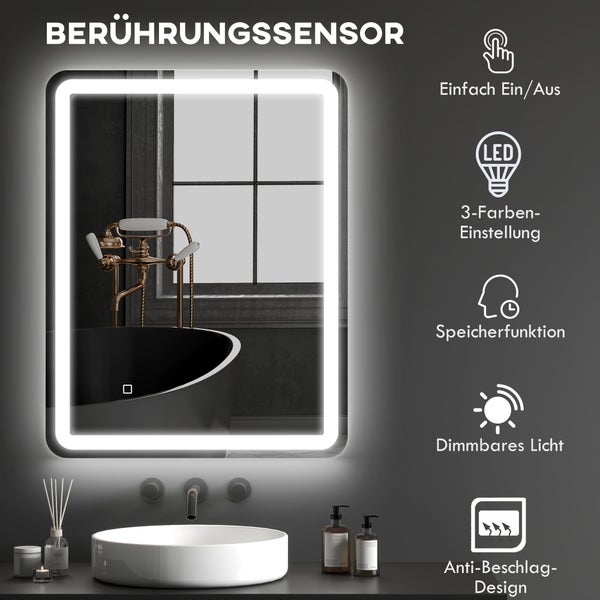 LED-Badezimmerspiegel mit Touch-Sensor, dimmbarer Beleuchtung, drei Farbtemperaturen und Anti-Beschlag-Funktion über einem Waschbecken.