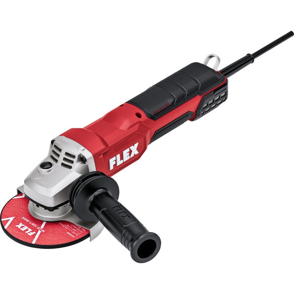 FLEX netzbetriebener Winkelschleifer mit bürstenlosem Motor, Zusatzhandgriff und Trennscheibe.