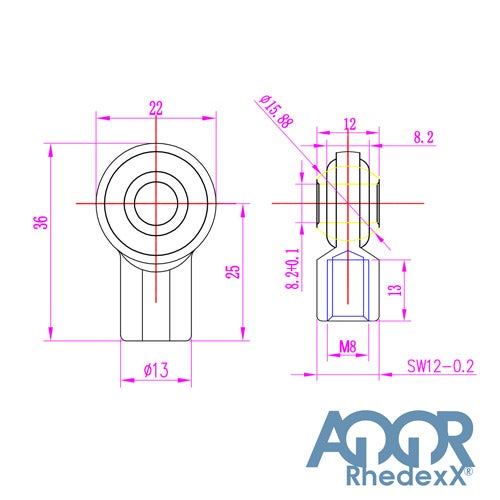 Technische Zeichnung eines Gelenkkopfes mit Maßangaben für Durchmesser und Gewinde sowie AQOR Rhedexx Logo.
