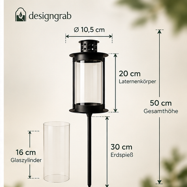 Designgrab Solar Grablicht mit Erdspieß und Glaszylinder inklusive Bemaßung in Zentimeter.