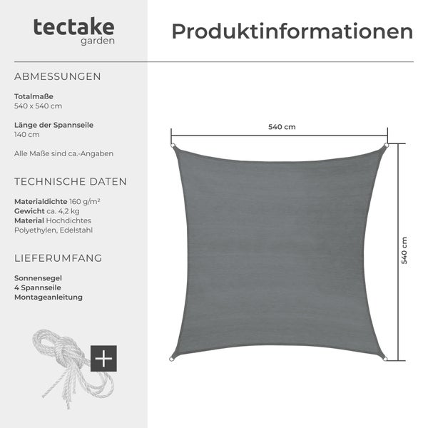 Sonnensegel tectake  inklusive Spannseile rechteckig mit UV-Schutz 50+ grau